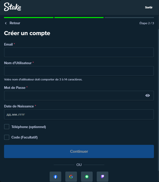 modulo di registrazione sul sito stake casino